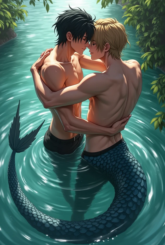 Anime male lamia rubbing himself with a male human, outside water, kissing, dynamic pose, long tail, wet, lamia with a male human