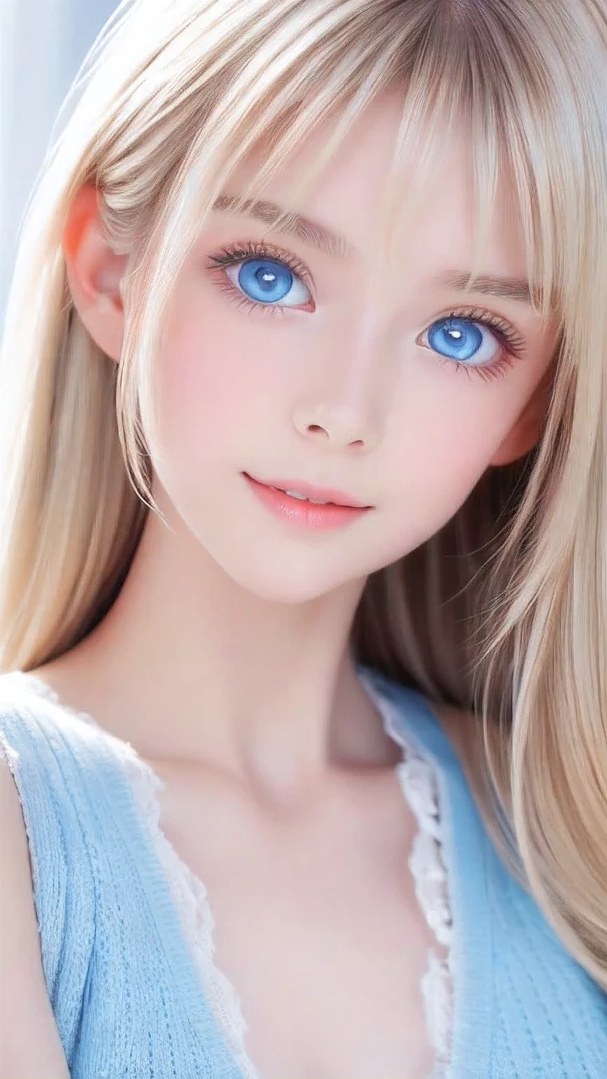 True Photo Quality、A beautiful girl、Extraordinary sexy beauty、Beautiful calm and bright expression、Sexy look、Perfect beautiful pretty face with bangs、Bangs between the eyes、Super long blonde straight silky hair、blonde on a beautiful face、Very cute beautiful sexy young little woman、Very perfect beautiful cute face、Beautiful, shining, very bright sky blue eyes、Very big eyes、Hair above the eyes、片Hair above the eyes、Hair between the eyes、Very bright and white skin、Cheek gloss、Small Face Beauty、round face、eyeliner