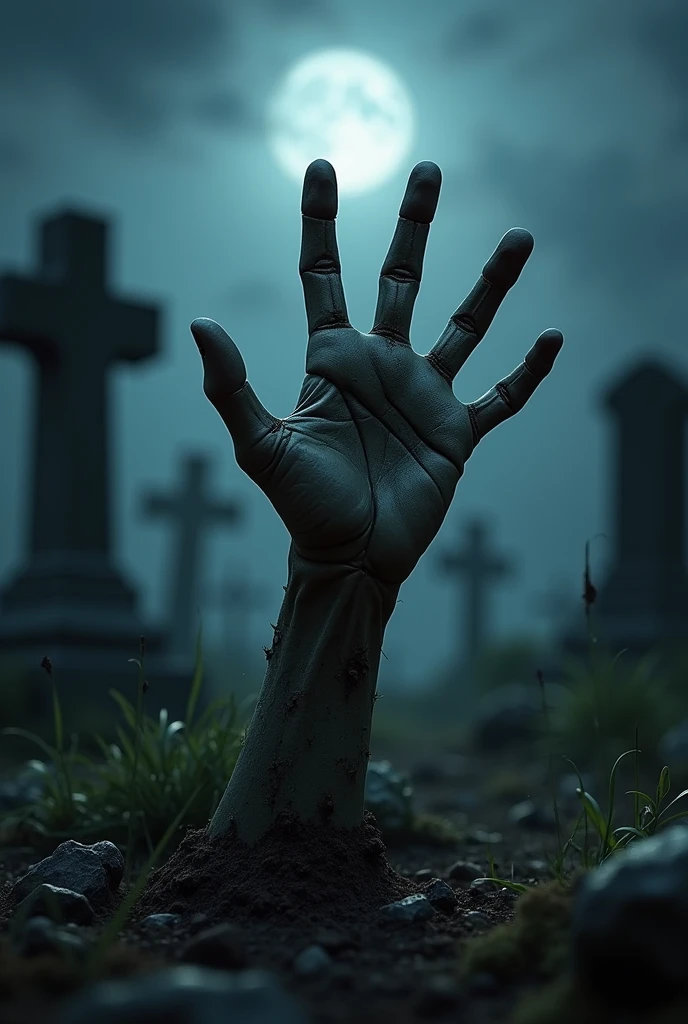 professional photography, Close-up of a zombie hand protruding from the ground in a graveyard on a full moon night, The Hand is making a good job hand sign, bokeh effect, depth of field, hyper Realistic, Professional photography, Cinema Lighting