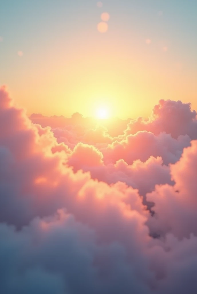 Vibrant, ethereal bokeh effect photography capturing a serene early morning sky with soft, wispy clouds gradually giving way to a breathtaking bright sunrise, with warm golden light illuminating the frame, casting a tranquil atmosphere, and showcasing a mesmerizing dance of colors, from gentle pinks and blues to radiant oranges and yellows, with subtle lens flares adding an extra layer of depth and dimensionality, set against a soft, creamy white background, with the sun's rays peeking through the clouds, creating an intimate, dreamy mood, evoking a sense of hope and renewal, and inviting the viewer to bask in the beauty of a new day's dawn.