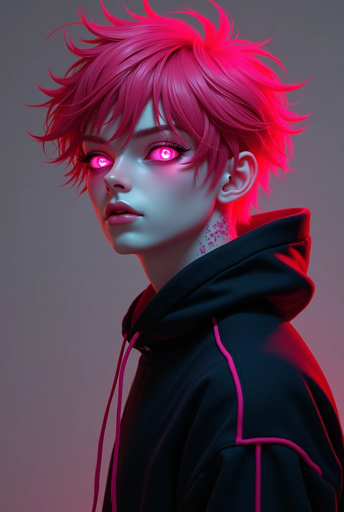 19 year old boy with white skin,
pale skin Messy hair 
Bright blood red 
Bright pink eyes
Red hair
Red hair
Pink eyes  
Wearing a black sweatshirt with pink details
