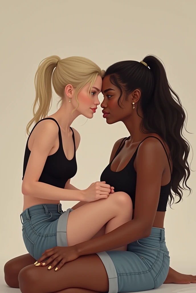 Create an image of an adult blonde woman with her hair tied in a ponytail, wearing jean shorts and a black top sitting on the lap of a fat black girl
