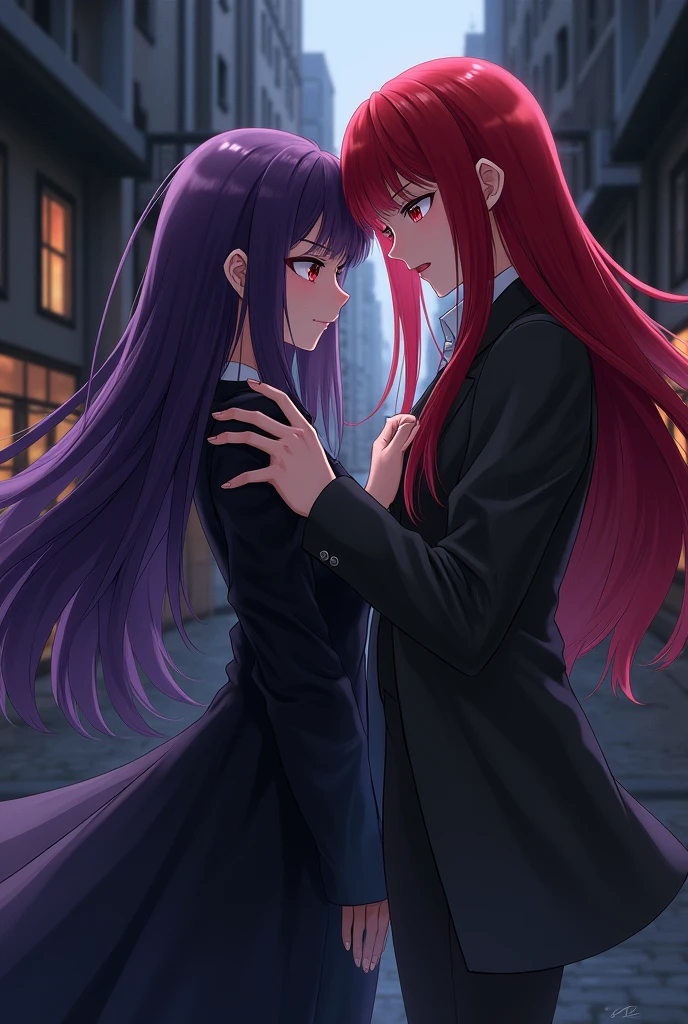 Female anime character with long red hair and red eyes dressed as a detective helping a girl with long purple hair in a black dress.