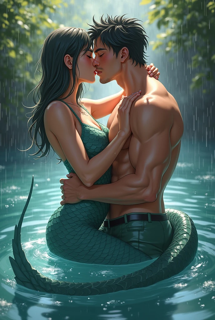 Anime male lamia rubbing himself with a male human, outside water, kissing, dynamic pose, long tail, wet, lamia with a male human