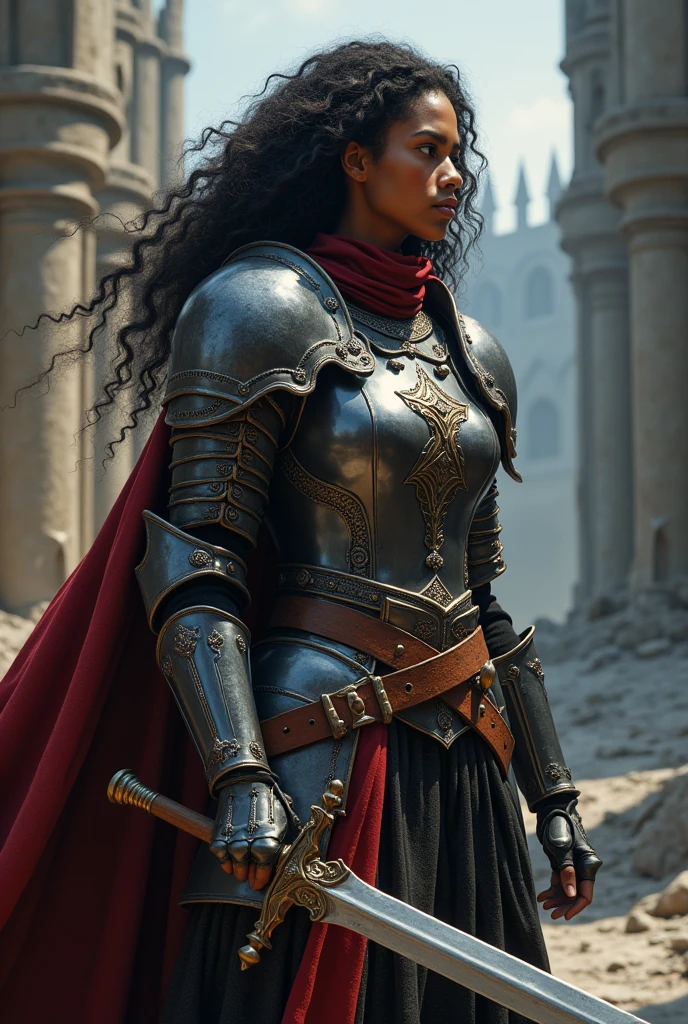 Create a black woman, she has long curly hair, She is a warrior and has a silver sword that looks used., she wears medium armor, create in vox machina art style from amazon prime's critical role, Make it less realistic, fix her armor, make it more medieval, and make it look like baldurs gate 3 art style, Make it less realistic, menos realista, and leave her in a fighting stance, leave her with a single sword, and holding it with both hands, and also make the art less realistic, and don't let her look directly at you "us", let her look the other way