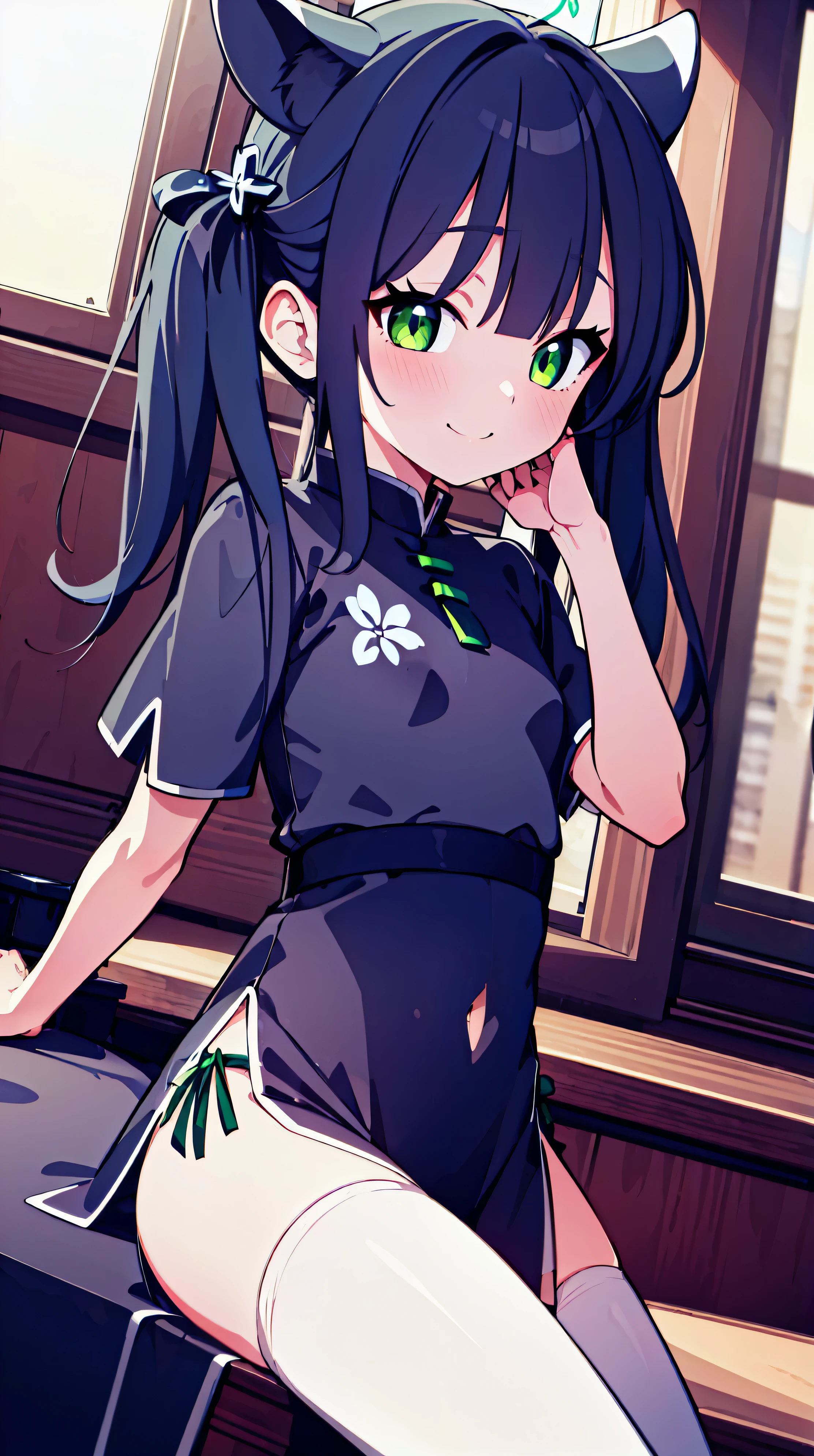 Highest quality, masterpiece, High resolution, 1 girl, Beautiful and perfect face, 8k, Highly detailed ,cute,Black Hair,Green Eyes,White Stockings,Double Tail,Happy expression