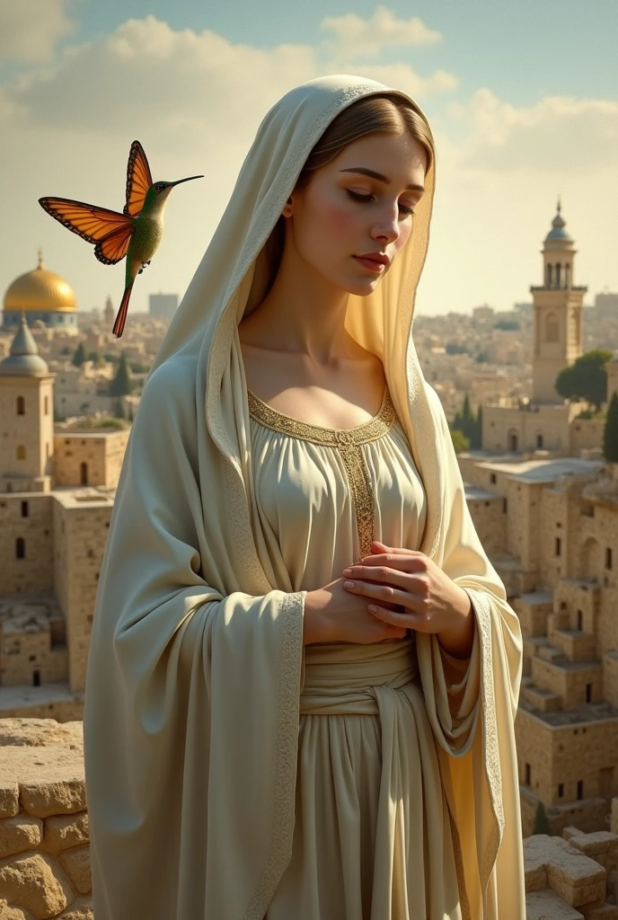((best quality)), ((masterpiece)), (detailed), virgin mary, in ancient jerusalem with a hummingbird and a butterfly