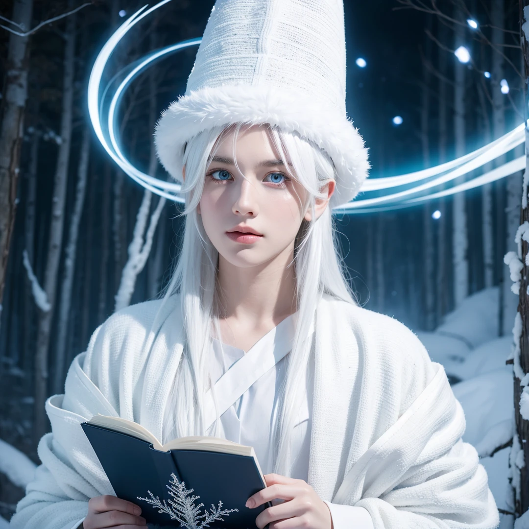 Handsome boy, white hair, blue eyes, wearing white witch hat, wearing white witch clothes, holding a white magic book, magic forest background