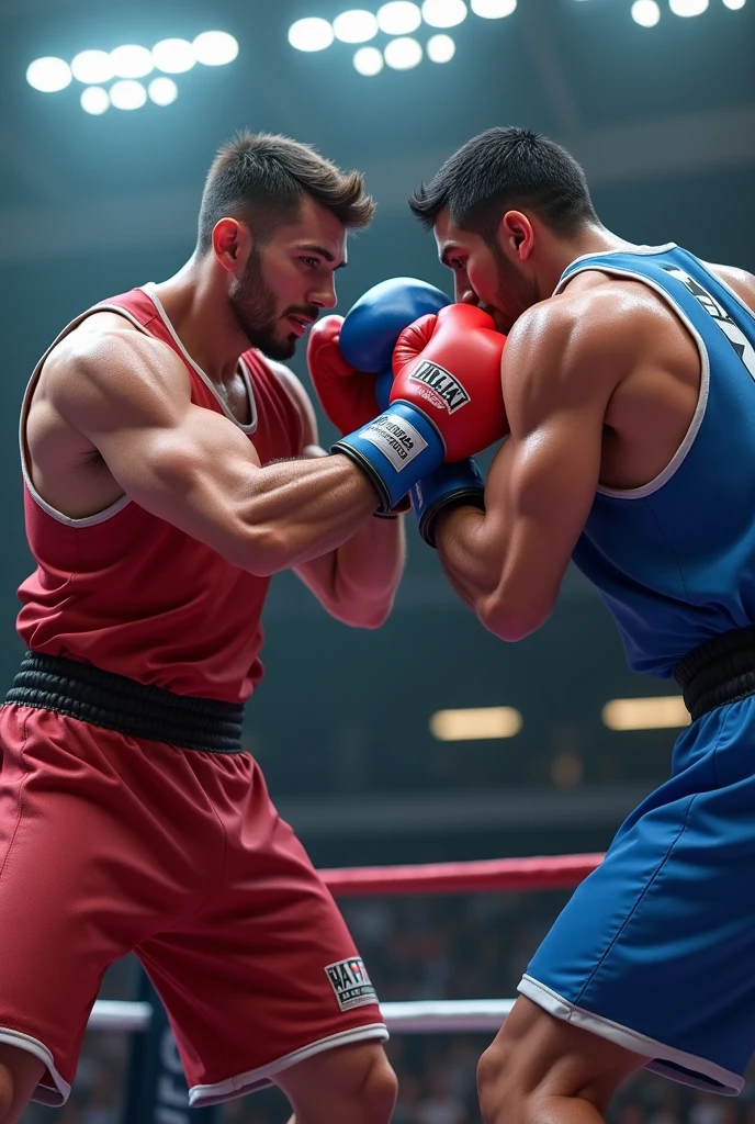 LIVE SHOP PRODUCTS Lucas in red and blue boxing with FIGHT agency written on it