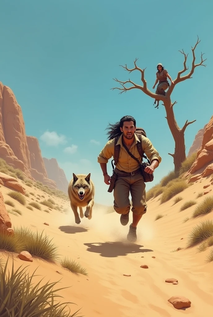 One character is running away from a wolf in the desert and the other is up in a tree in a desert environment