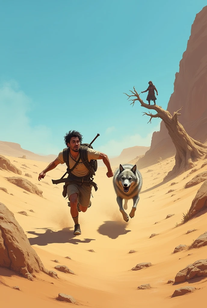 One character is running away from a wolf in the desert and the other is up in a tree in a desert environment