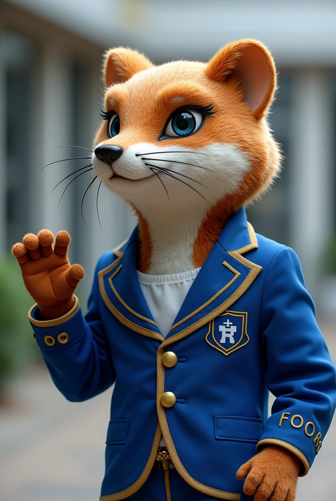Generates an image of a person dressed as a Junin weasel as the mascot of the JUNIN high-performance school With the blue blazer representative of the COAR JUNIN Realistic as if a person were wearing the costume As if it were the most beautiful and creative costume on the planet Natural color as representative of Junin