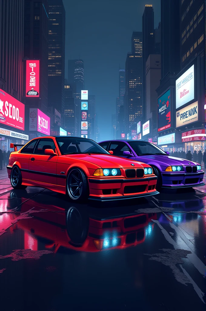 I want a logo for an Instagram profile picture of a car group called Most Wanted Team, com 2 bmw e36 m3, one red and the other purple, e uma bmw e46 m3 na cor preta, with the background of cars a big city