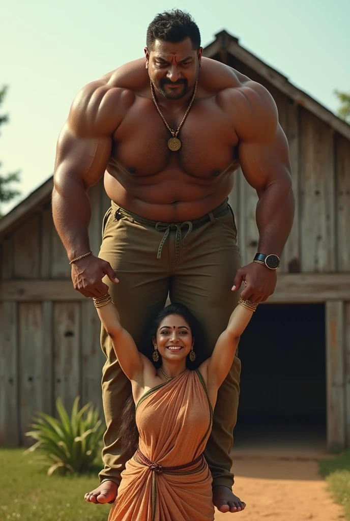 Sexy Indian actress with dark skin lifting a large chubby man high above her head with her strong arms. Photorealistic. Wide angle. Farmhouse in the background, natural smile