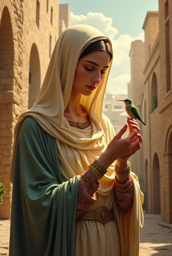 ((best quality)), ((masterpiece)), (detailed), virgin mary, in ancient jerusalem with a hummingbird in a finger