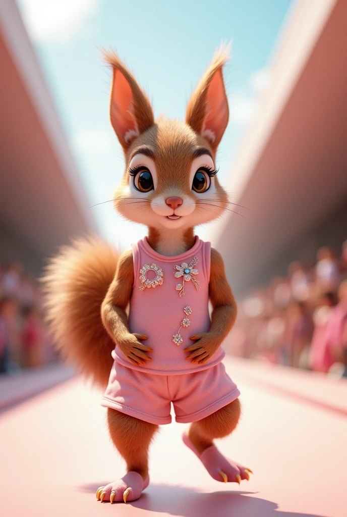 A beautiful squirre wearing a pink top and shorts, cloth walking down the runaway at a fashion show