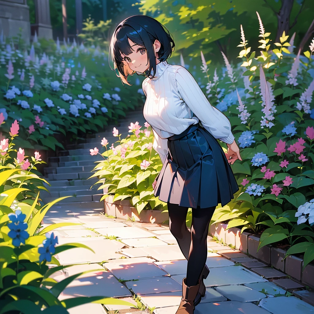 (high quality, High resolution, Very detailed, reality:1.37), Peaceful atmosphere, (Outdoor, garden), Teenage girl standing alone, (my breasts are big.), Beautiful details, Cute Smile, (Black bob hair), Ribbed sweater, Blue Skirt, Black tights, Brown boots.