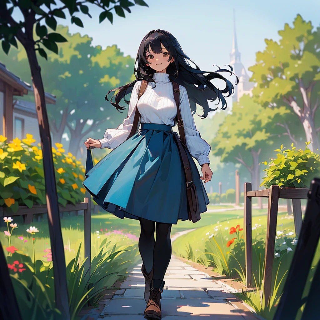 (high quality, High resolution, Very detailed, reality:1.37), Peaceful atmosphere, (Outdoor, garden), Teenage girl standing alone, (my breasts are big.), Beautiful details, Cute Smile, (Black bob hair), Ribbed sweater, Blue Skirt, Black tights, Brown boots.