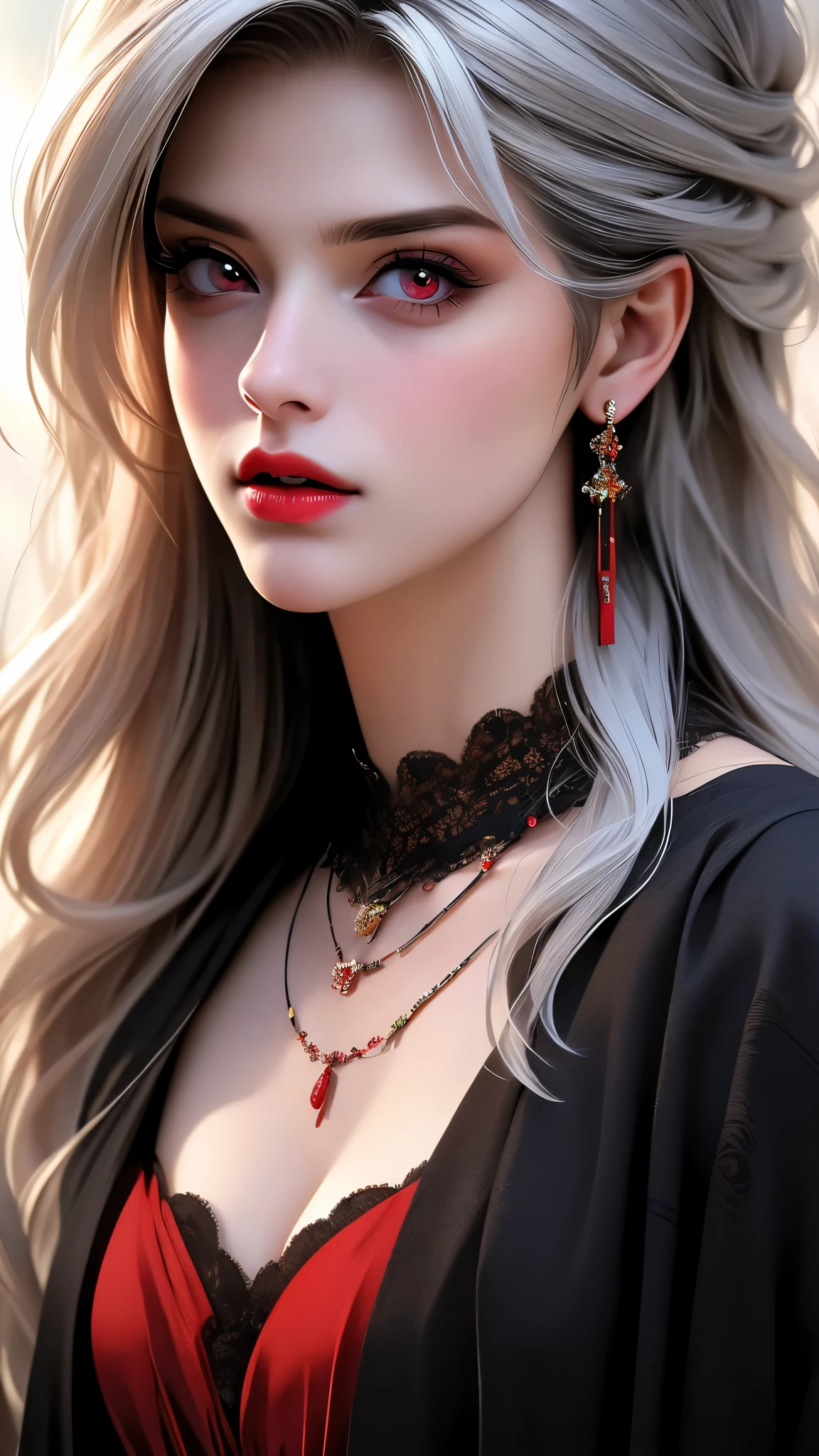 beautiful detailed eyes, beautiful detailed lips, extremely detailed eyes and face, long eyelashes, 1 girl, blood, solo, breasts, blood on face, jewelry, red eyes, cleavage, medium breasts, necklace, lips, blood splatter, realistic, upper body, petals, long hair, red lips, blood on clothes, white hair, rose petals, (best quality,4k,8k,highres,masterpiece:1.2),ultra-detailed,(realistic,photorealistic,photo-realistic:1.37),vivid colors,portrait,horror,dark fantasy