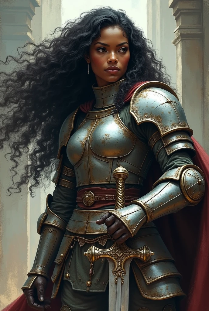 Create a black woman, she has long curly hair, She is a warrior and has a silver sword that looks used., she wears medium armor, create in vox machina art style from amazon prime's critical role, Make it less realistic, fix her armor, make it more medieval, and make it look like baldurs gate 3 art style, Make it less realistic, menos realista, and leave her in a fighting stance, leave her with a single sword, and holding it with both hands, e também make the art less realistic, and don't let her look directly at you "us", let her look the other way, make the art less realistic, in the style of the arcane series