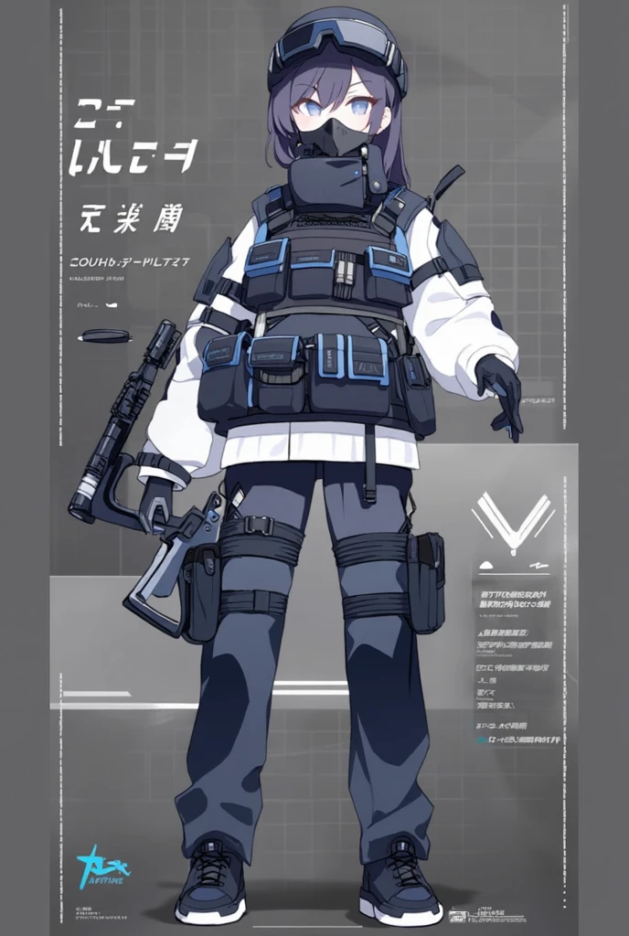Blue Archive government: Wearing tactical equipment,beautiful teenage boy, Gray work shoes, shorts, brown hair, tactical vest (character design) , purple eyes ,짙은 brown hair카락,purple eyes,Brown jacket and gray short sleeves,하체용 회색 shorts,technology,flat chest,holding a gun,Beautiful 5 heads body,Look straight ahead, upright posture, No slanted posture,Face Opening