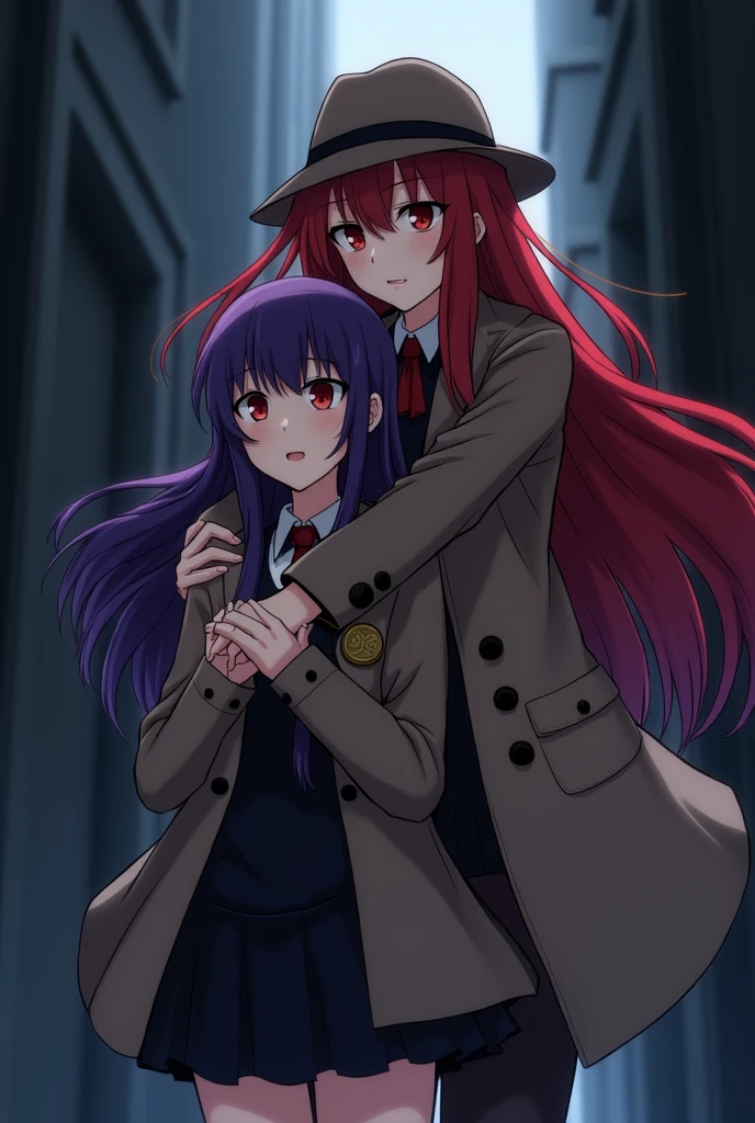 Female anime character with long red hair and red eyes dressed as a detective helping a purple haired girl in a black dress