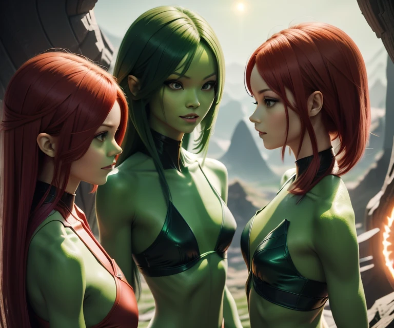 Part of a crowd of alien women, all the women 
are very thin and have varying shades of green skin but otherwise look like humans, very long auburn hair, beautiful faces, all wear red bikini only, pictured from slightly above head height, the women are talking to one another and gesticulating, thin, gorgeous, green skin, human-like faces, standing looking and talking with one another. Background: alien planet with a deep orange sky, ample light.