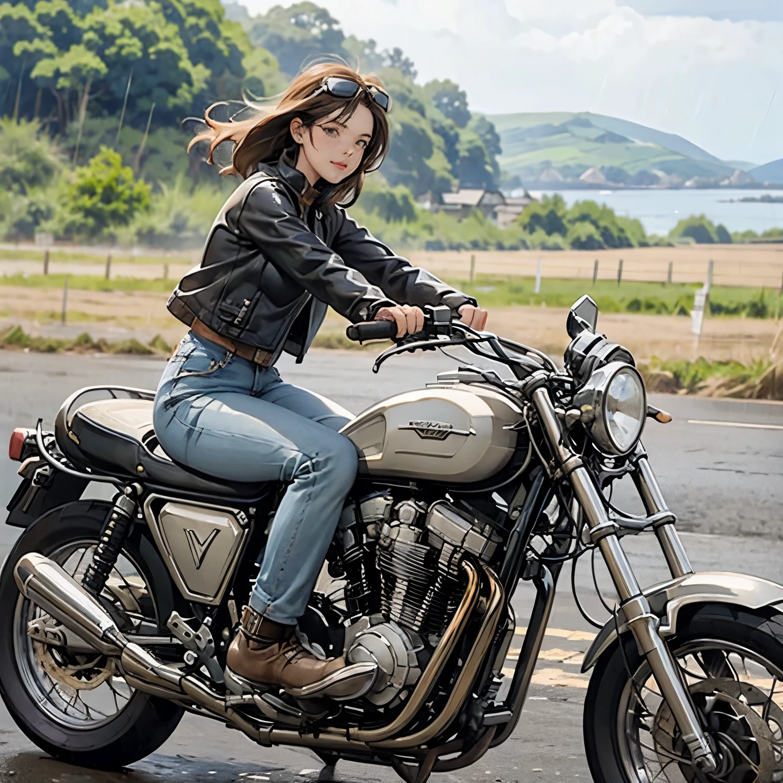 Vintage Bikes、victory、Isle of Man Races、(A young female rider speeds along on a motorcycle)、Leather jumper、Cromwell helmet with goggles、After the Rain、English countryside、