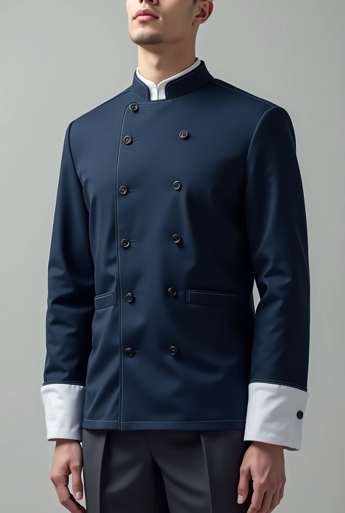 Firefighter uniform with straight-cut navy blue trousers, navy blue jacket , the White shirt , Mandarin collar with silver cord and black kepi with silver plaque
