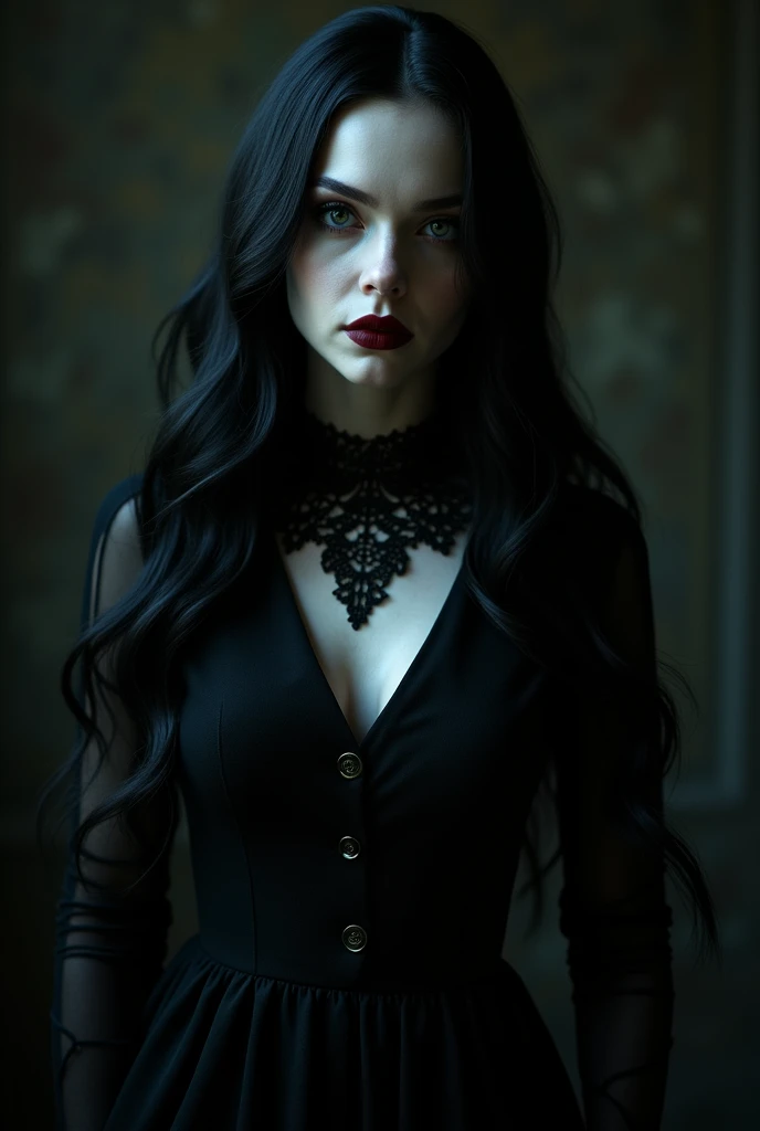 a morticia addams, woman with pale skin, dark dress, long black hair, macabre, gothic, portrait, dark moody lighting, dramatic shadows, ornate lace collar, porcelain skin, mysterious expression, haunting beauty, dark red lips, supernatural, (best quality,8k,highres,masterpiece:1.2),ultra-detailed,(realistic,photorealistic,photo-realistic:1.37),cinematic composition,dramatic atmospheric lighting,dark fantasy,chiaroscuro,dark and moody