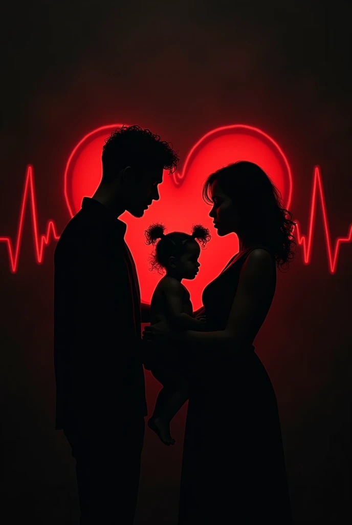 black and white silhouette, red heartbeat lines, dark background, In the middle of the heartbeat line a Latin family is formed, dad short curly hair, mom shoulder length straight hair, She is not pregnant, In the middle of them is a female baby with 2 pigtails in her hair, curly hair, 3 months old, Dark fantasy type scene