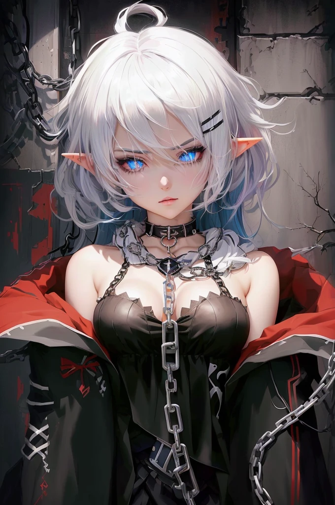 anime girl with white hair and black and blueish eyes wearing a chain around her neck, elf anime girl, gapmoe yandere grimdark, badass anime 8 k, gothic maiden anime girl, anime style 4 k, detailed digital anime art, laying down on grass 