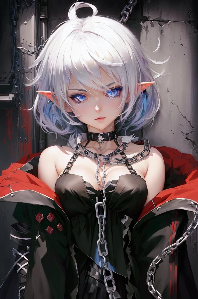 anime girl with white hair and black and blueish eyes wearing a chain around her neck, elf anime girl, gapmoe yandere grimdark, badass anime 8 k, gothic maiden anime girl, anime style 4 k, detailed digital anime art, laying down on grass