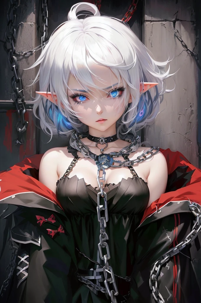 anime girl with white hair and black and blueish eyes wearing a chain around her neck, elf anime girl, gapmoe yandere grimdark, badass anime 8 k, gothic maiden anime girl, anime style 4 k, detailed digital anime art, laying down on grass 