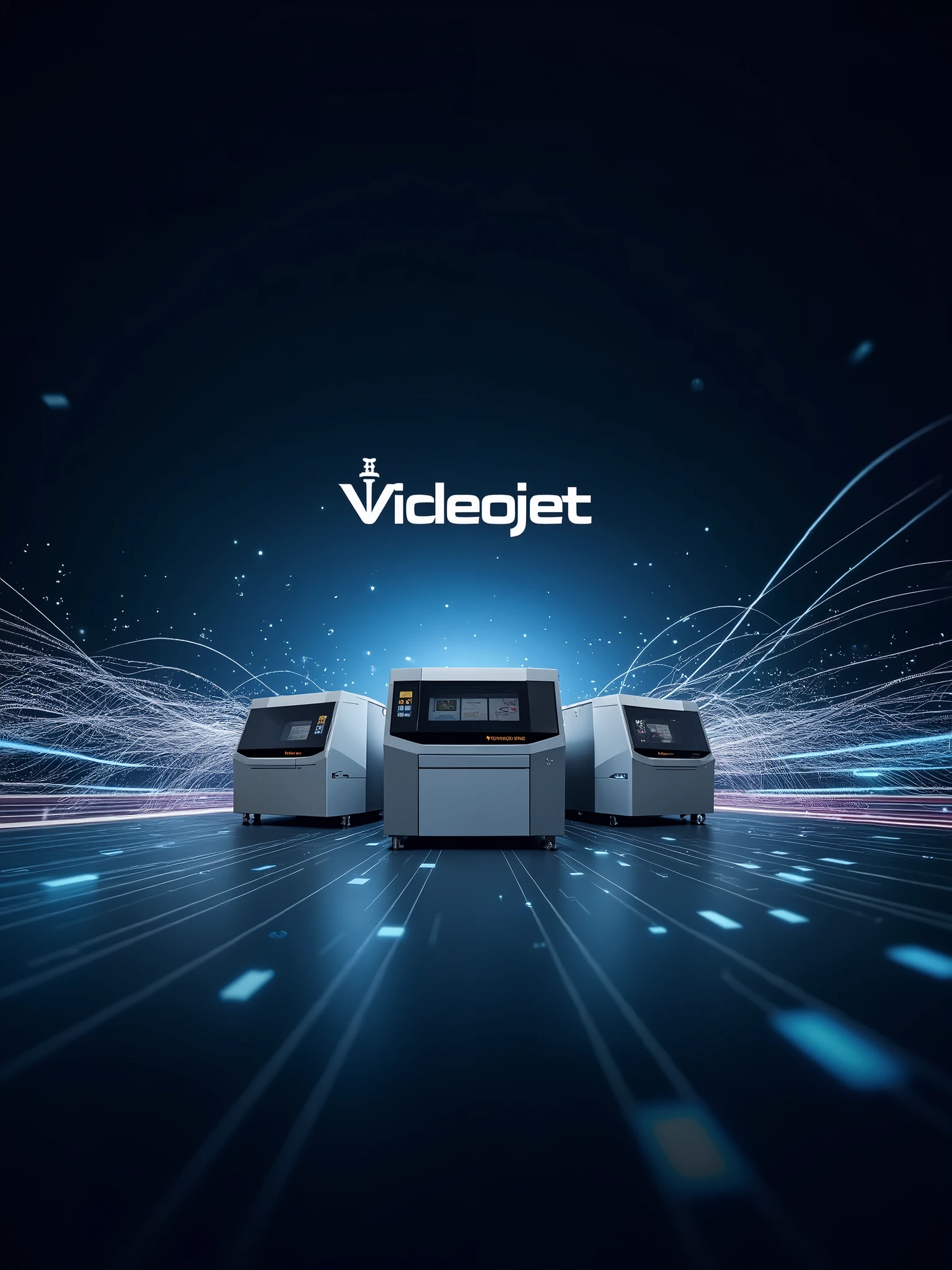 Image Description:Background: Background in shades of dark blue (#003366) for a sophisticated and technological look.Videojet Logo: Positioned in the upper left corner, highlighted and visible, with a soft glow to emphasize the brand.Videojet Machines:lcm (Laser Coder): A modern laser coding machine, shown on the left side of the image, emitting a bright laser beam, symbolizing precision and advanced technology.Inkjet 1580: centered in the image, displaying a clear and sharp impression of codes, with ink droplets in a high-speed trajectory, symbolizing efficiency and quality.Laser Machine: On the right, a more robust laser machine, with laser beams outlining complex shapes, suggesting versatility and innovation.Visual effects: Futuristic connection lines in shades of blue and white between the machines, creating a sense of flow and integration between them. Small points of light scattered throughout the background, suggesting digital connectivity and technological advancement.Highlight Text: "Cutting-Edge Technology for Coding and Marking Solutions", written in a modern and clear font, positioned at the bottom of the image, centered and clearly visible.