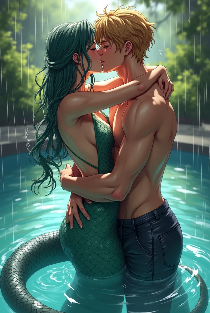 Anime male lamia rubbing himself with a male human, outside water, kissing, dynamic pose, long tail, wet, lamia with a male human