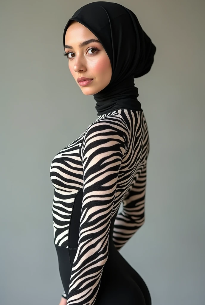The beautiful Asian muslimah adult girl with beautiful cheeks wears plains zebra print full lycra dancewear turtleneck unitard catsuit and plains zebra print lycra elastane dancewear hijab.