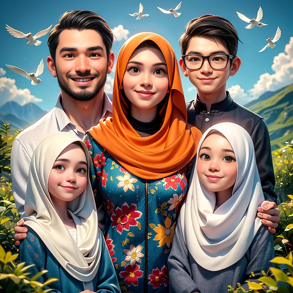 arafed family portrait with a mountain background and birds flying overhead, an malaysian family portrait, happy family, potrait, full protrait, family portrait, inspired by Nazmi Ziya Güran, realism artstyle, barong family, cartoon artstyle, close up potrait, high quality portrait, inspired by Oton Gliha, sakimi