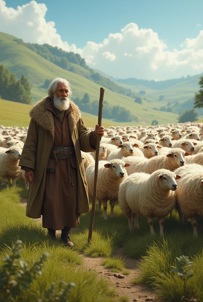 Shepherd of the 99 sheep with the rest in front 
