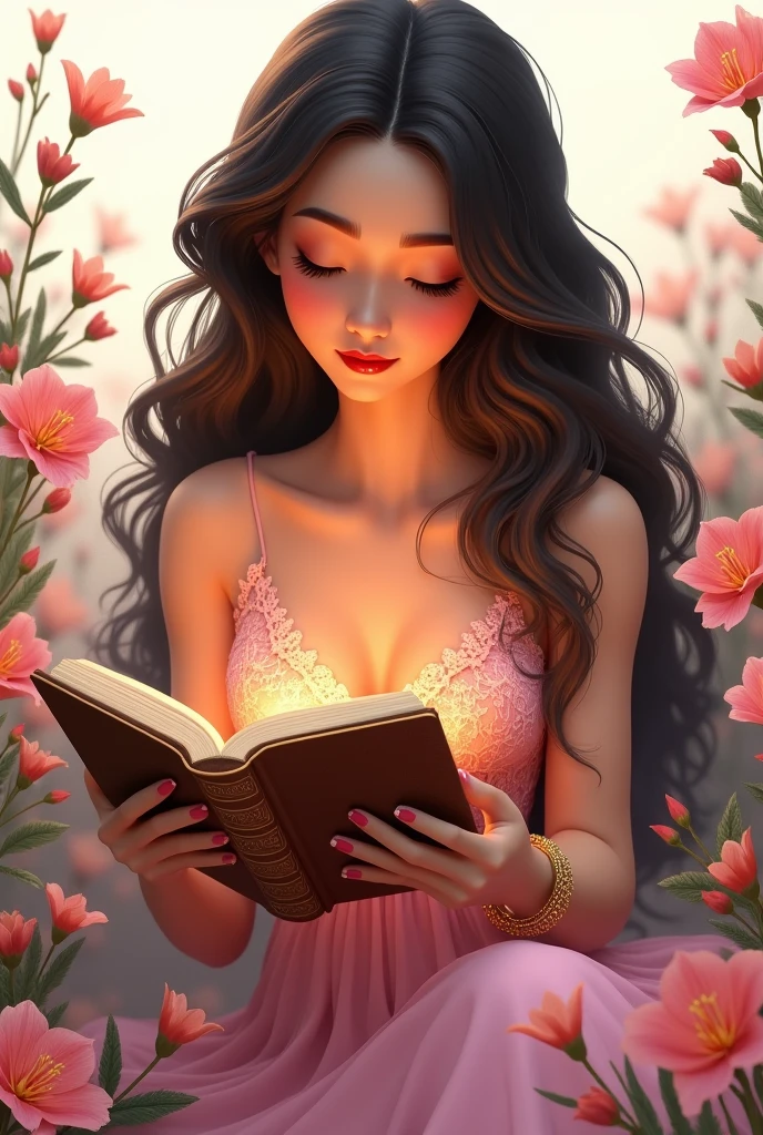 Woman with long, curly hair down to her butt, pink lace dress, sitting among the flowers reading the Bible, of delicate golden bracelet, red lipstick no background png disney pixar style