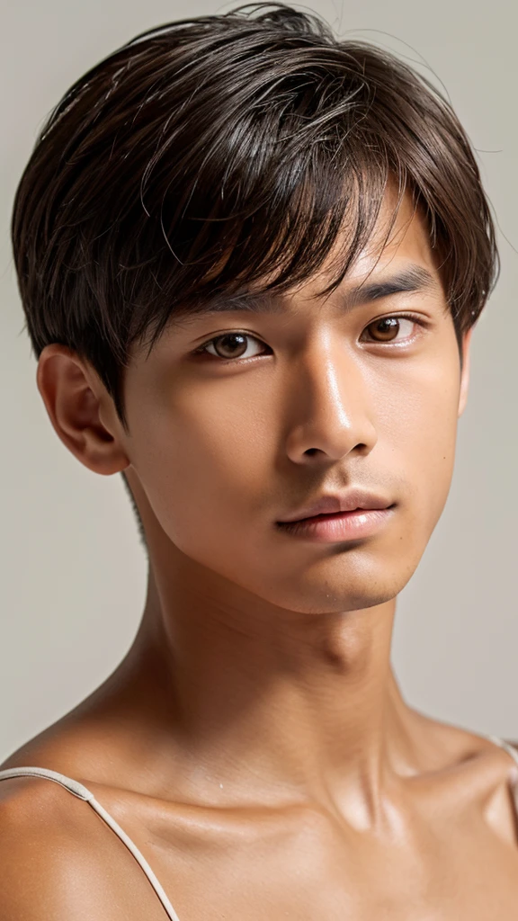 Highest quality, masterpiece, Very high resolution, (Realistic: 1.4), Original photo, Wallpaper, Headshot, Tanned skin, Simple background, Iris, Detailed, Selfie, 1 boy, 2