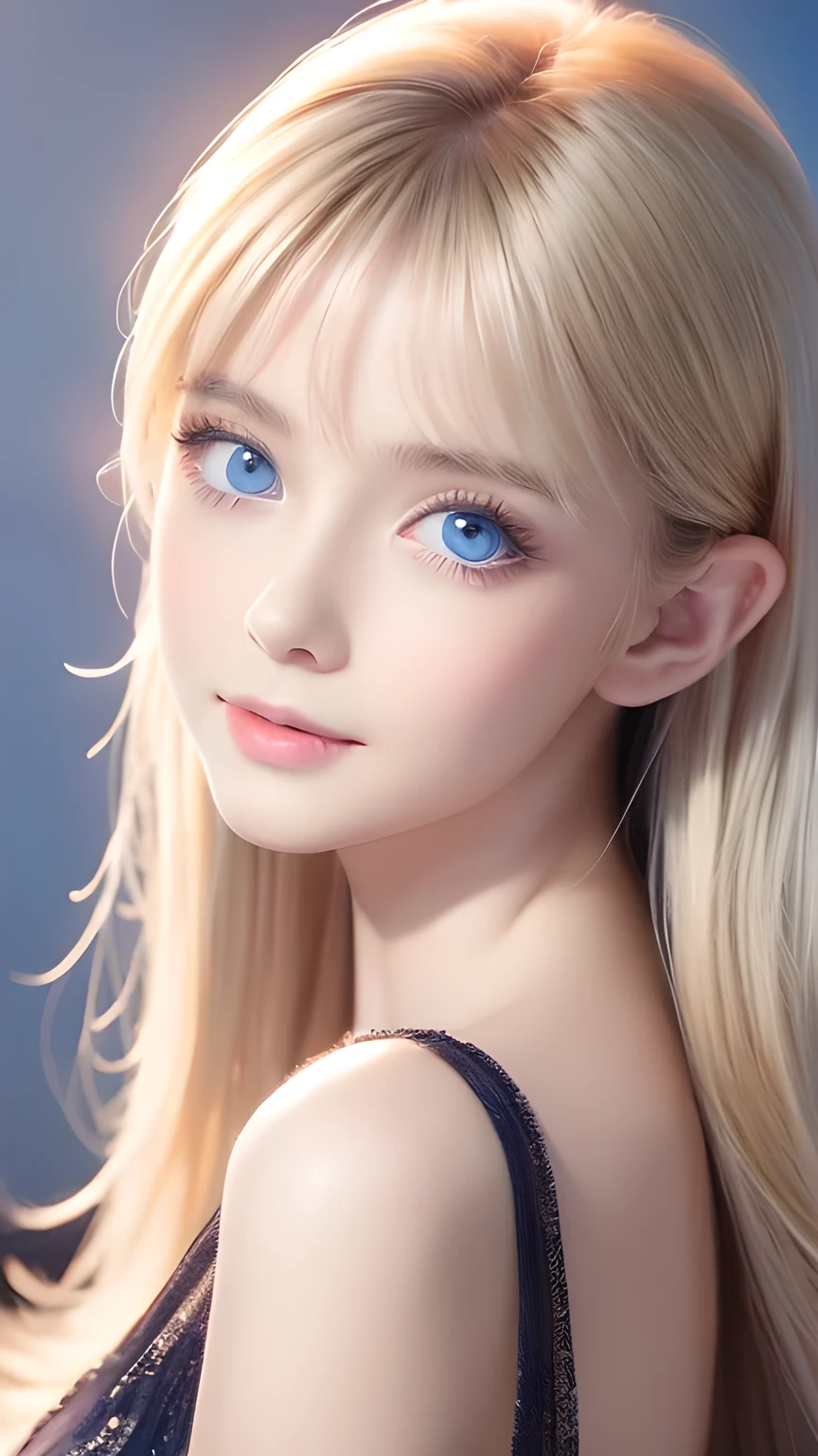 True Photo Quality、A beautiful girl、Extraordinary sexy beauty、Beautiful calm and bright expression、Sexy look、Perfect beautiful pretty face with bangs、Bangs between the eyes、Super long blonde straight silky hair、blonde on a beautiful face、Very cute beautiful sexy young little woman、Very perfect beautiful cute face、Beautiful, shining, very bright sky blue eyes、Very big eyes、Hair above the eyes、片Hair above the eyes、Hair between the eyes、Very bright and white skin、Cheek gloss、Small Face Beauty、round face、eyeliner