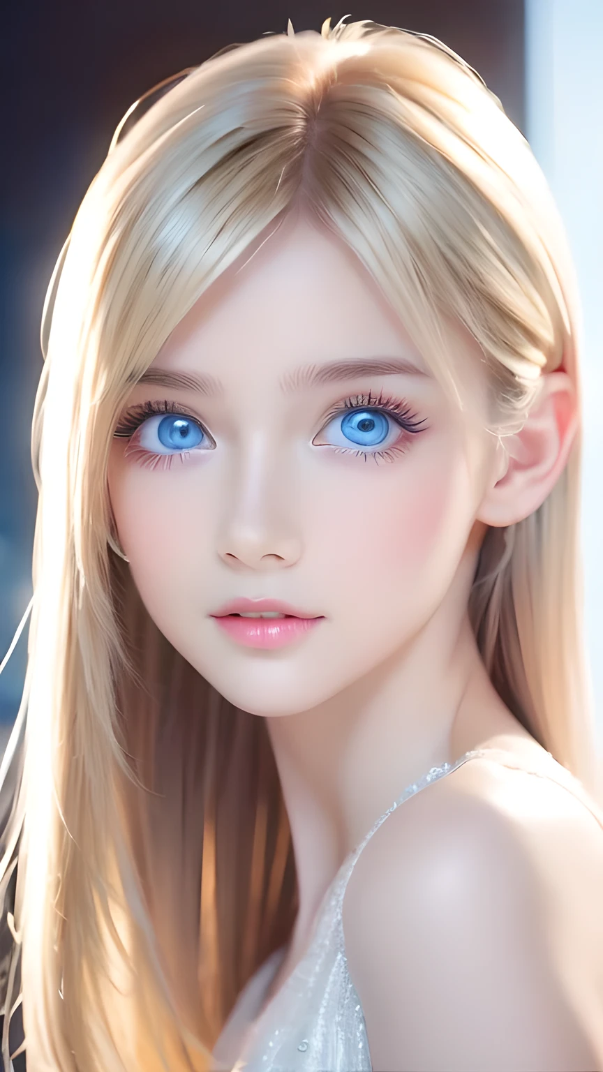 True Photo Quality、A beautiful girl、Extraordinary sexy beauty、Beautiful calm and bright expression、Sexy look、Perfect beautiful pretty face with bangs、Bangs between the eyes、Super long blonde straight silky hair、blonde on a beautiful face、Very cute beautiful sexy young little woman、Very perfect beautiful cute face、Beautiful, shining, very bright sky blue eyes、Very big eyes、Hair above the eyes、片Hair above the eyes、Hair between the eyes、Very bright and white skin、Cheek gloss、Small Face Beauty、round face、eyeliner