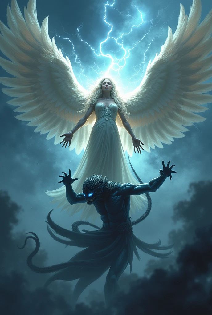 Create an angel trying to protect a person and a demon fighting, wanting to attack him. Use blue and dark colors.