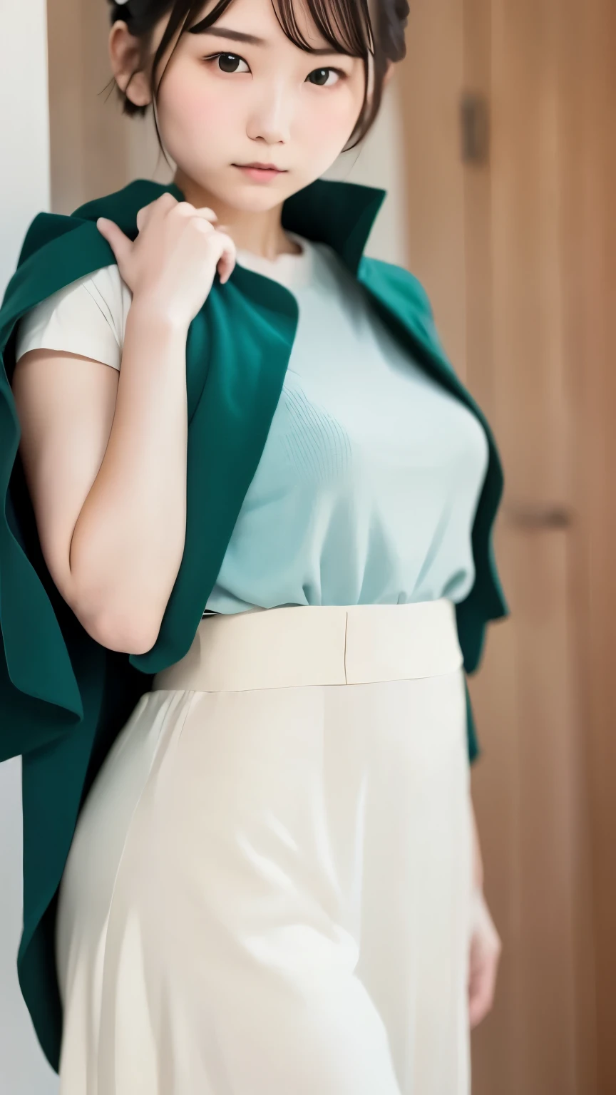 A woman standing in front of a white wall with a bouquet of flowers, short hair, LOFI Girl, Ivy, wearing blue-Green clothes, With flowers, Low quality photos, with cape, Green clothes, photo shoot, Smooth input _ With background, LOFI Girlのaesthetics, 🤤 Portrait of a Girl, beautiful!!, Wear it longer, Loose-fitting clothing, Casual pose,  aesthetics