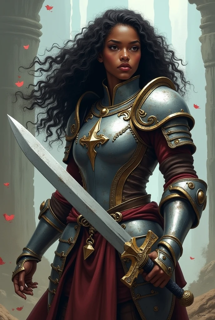 Create a black woman, she has long curly hair, She is a warrior and has a silver sword that looks used., she wears medium armor, create in vox machina art style from amazon prime's critical role, Make it less realistic, fix her armor, make it more medieval, and make it look like baldurs gate 3 art style, Make it less realistic, menos realista, and leave her in a fighting stance, leave her with a single sword, and holding it with both hands, e também make the art less realistic, and don't let her look directly at you "us", let her look the other way, make the art less realistic, in the style of the arcane series, make it less realistic, and with a small light smile