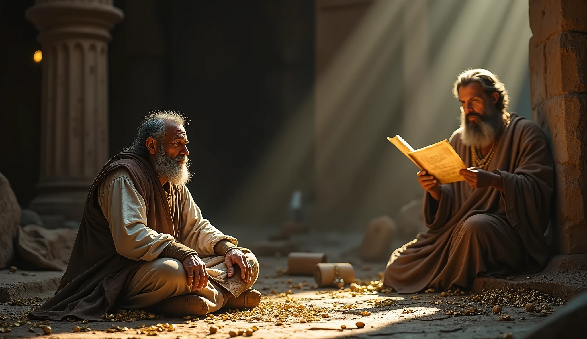 Create a hyper-realistic and mysterious image of a weathered-looking man sitting amid the remains of a lost fortune, with empty treasure chests and coins scattered across the floor. From a distance, Solomon observes, with a look of understanding, holding an open scroll on which is written a teaching about the importance of wisdom. The scenery should be bleak, with soft, golden lighting that focuses on Solomon and the scroll, leaving man and treasures in deeper shadow. The scene should capture the essence of that without wisdom, even great fortunes can be lost, while knowledge is the true path to lasting success.