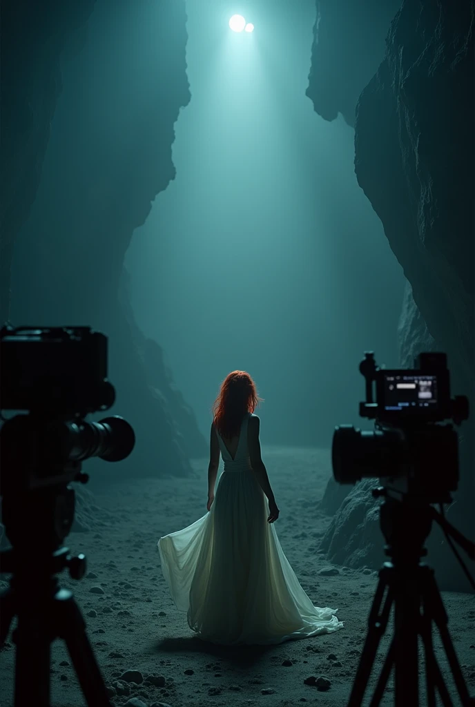 Redheaded woman being filmed making a music video in the middle of an abyss with cameras recording her