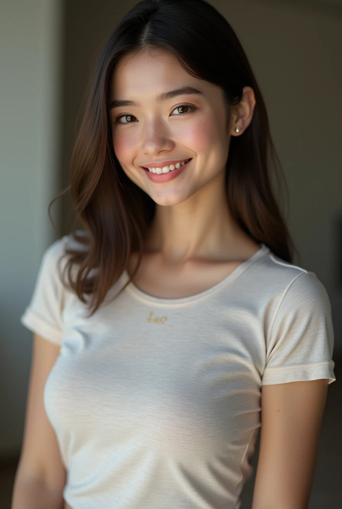 very Hyperrealistic foto from one t-shirt nude showing tits big tits one clodes, his breast is average like c coup full body image
A young woman with an oval face and a softly defined jawline. Her skin is light and smooth, with a natural blush on her cheeks. She has straight, dark brown hair that falls evenly on both sides, parting in the middle, reaching just to her shoulders. Her forehead is slightly larger than average, framed neatly by her hair. She has straight eyebrows that are moderately thick and have a subtle arch, perfectly aligning with the shape of her eyes. Her eyes are medium-sized and almond-shaped, with a slight downward tilt at the outer corners, giving her a calm and serene expression. The color of her eyes is light, possibly blue or green, contributing to her relaxed and soft look. Her nose is straight, proportionate to her face, with a smooth bridge and a gently rounded tip. Her lips are medium in thickness, with a slightly thinner upper lip and a fuller lower lip, forming a small, friendly smile. The upper lip has a softly defined Cupid’s bow. The overall expression on her face is content and welcoming, with her features harmoniously balanced. She has a medium-length neck that complements her facial proportions.