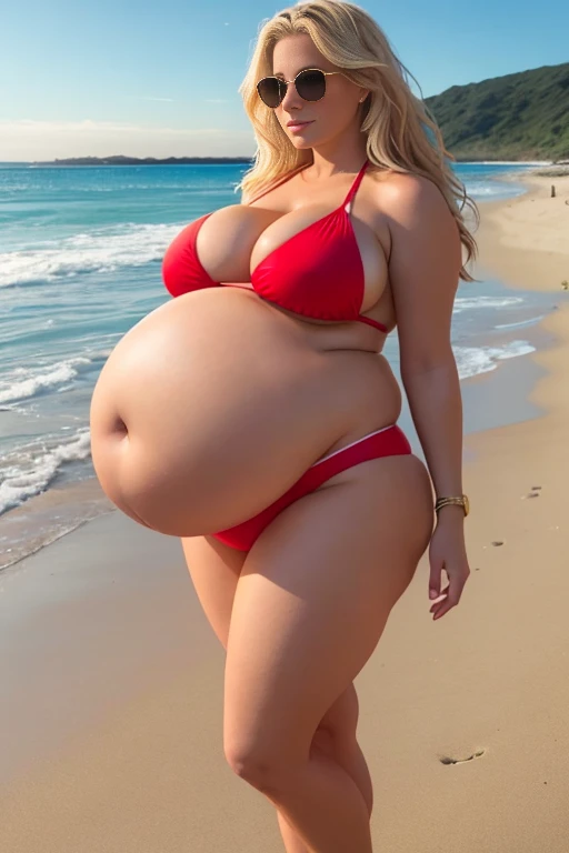 American woman, wavy blonde hair, is wearing a red bikini and a white crop top, and has a large prominent pregnant belly and a large bust, and wide hips, she is on the beach.